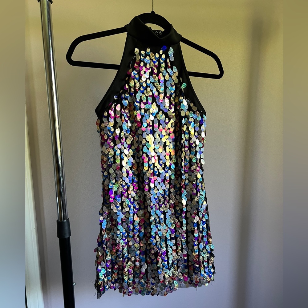 Weissman jazz costume dress with built in shorts. Black, blue, purple and silver